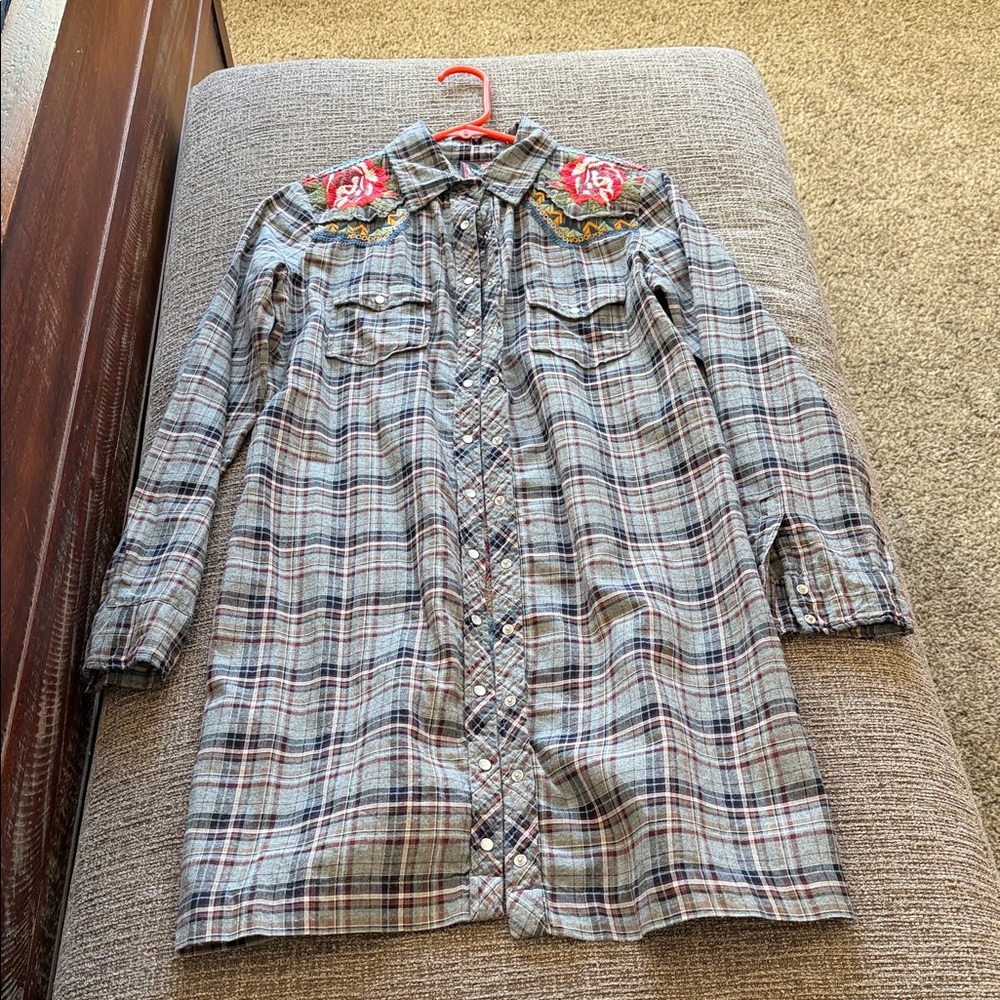 Plaid Shirt Dress with Floral Embroidery